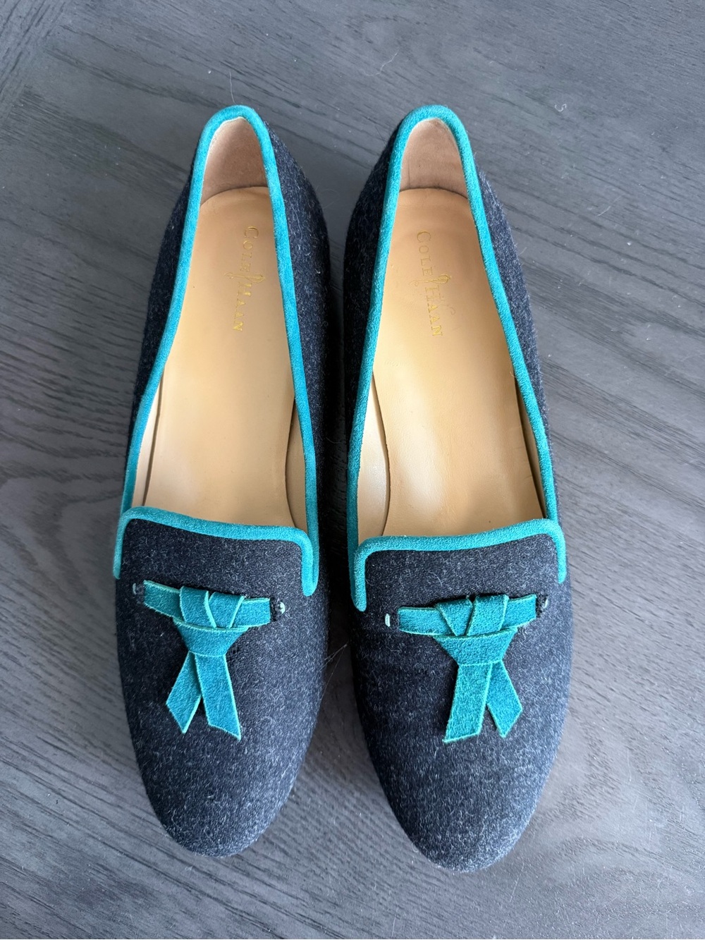 Cole Haan Women’s Tassel Smoking Loafers Blue Wool Teal Trim Size 10B - Picture 2 of 10